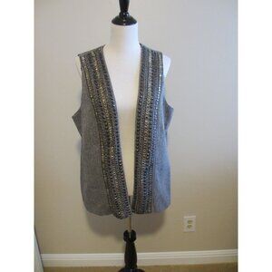 Chicos Travelers Gray Beaded Embellished Open Front Vest Size 1 Polyester Blend